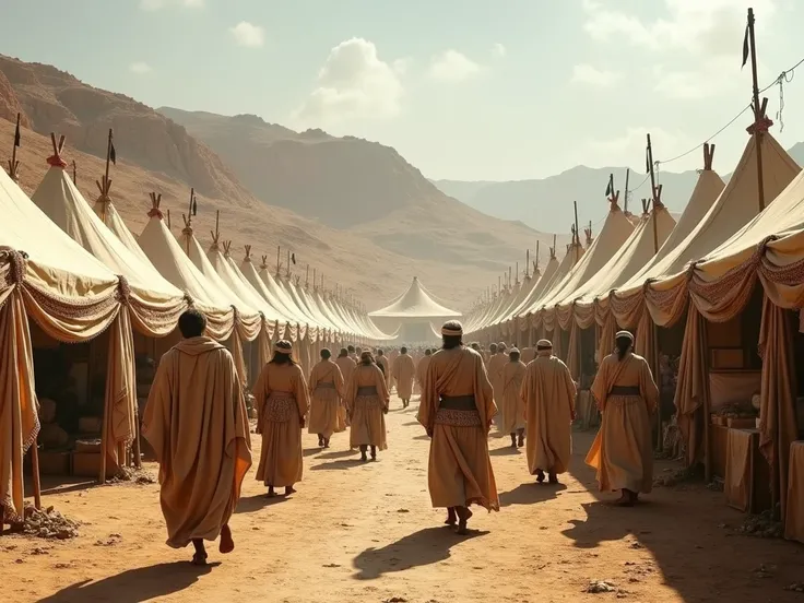 people from the time of Abraham , walking in cloth tunic clothes in a tent city