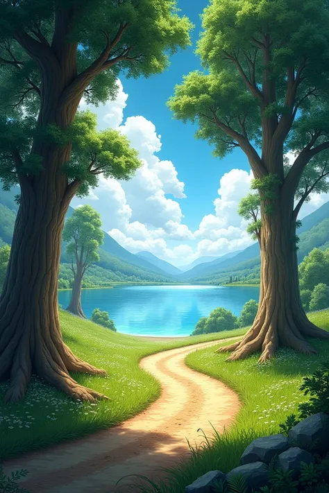 It creates a landscape with lots of large trees and a road with a view of a lake