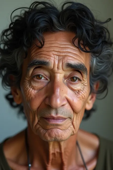 a  old, Brazilian, white,  with brown eyes, some freckles, marked and well-designed eyebrow. medium curly and black hair