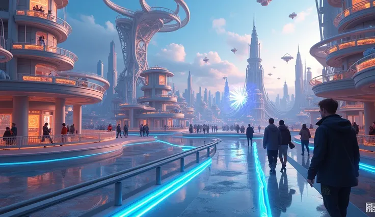 "A futuristic amusement park located on an island in the sky, with floating platforms, glowing pathways, and visitors interacting with augmented reality games while enjoying high-tech attractions."

