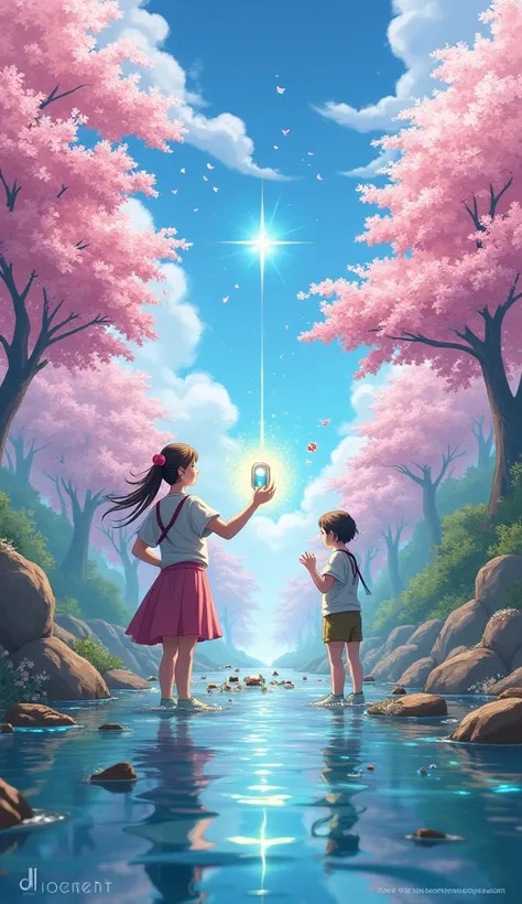 Scene 5: Cleansing the Land
Prompt: Hana and Kiro working together by the river. Hana uses her glowing gadget to purify the water, which starts to sparkle as it clears. Kiro releases tiny drone-like helpers to pick up trash. The cherry blossom spirit float...