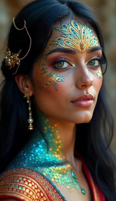 An Indian woman with dragon traits, her skin covered in shimmering, iridescent scales that shift between sapphire blue and ruby red, mirroring the rich colors of Indian textiles. Her eyes are large, almond-shaped, and glowing with a deep, mystical green. H...