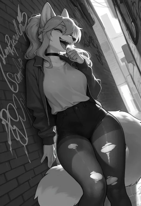 cover page, highres, top quality, best quality, paid reward available, unparalleled masterpiece, perfect artwork, absurdres, High-quality illustrations, laughing, perfect anatomy, lineart, monochrome, 1girl, kemono, furry, anthro, choker, shirt, torn legwe...