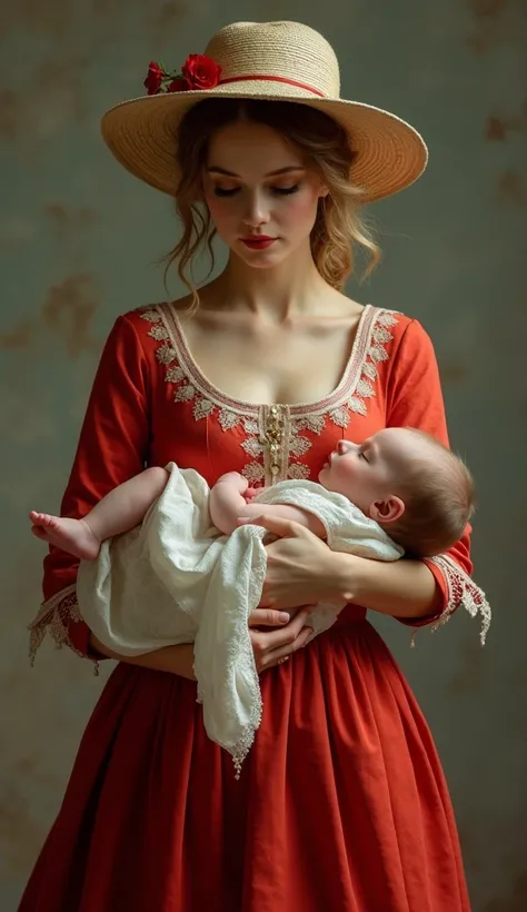 A beautiful woman is wearing a red dress. The woman is wearing a hat. The woman is wearing a beautiful baby