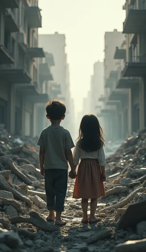 A  boy and a  girl stand amidst the rubble of a destroyed city.