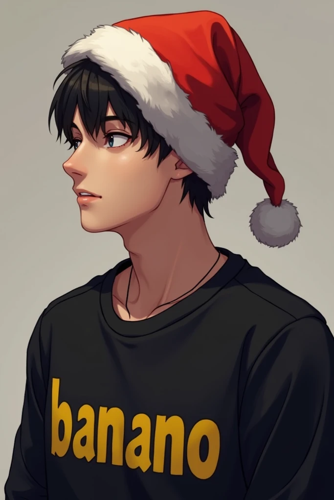 Profile image for Discord bottomless man of 30 years old short black hair with black sweatshirt and the word BANANO in yellow he wears a Christmas hat, his face is not detailed because of the shadow generated by the hat