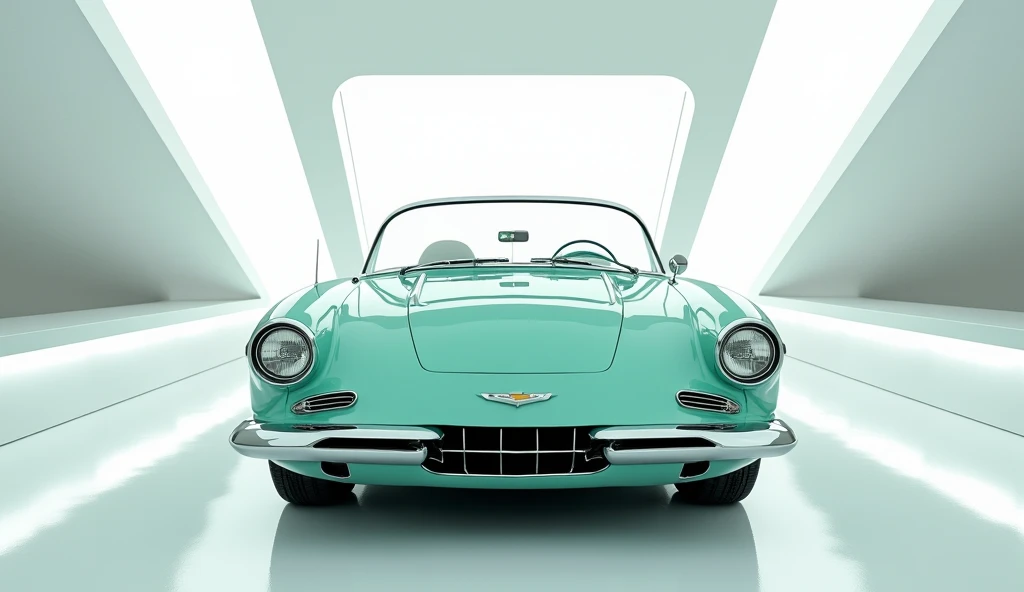 A captivating image of a (1957 Chevrolet Bel air) taking center stage in a luxurious white showroom. The futuristic, (Mint Green) vibrant exterior gleams, showcasing its sleek, aerodynamic design and bold accents. The front view highlights the cutting-edge...