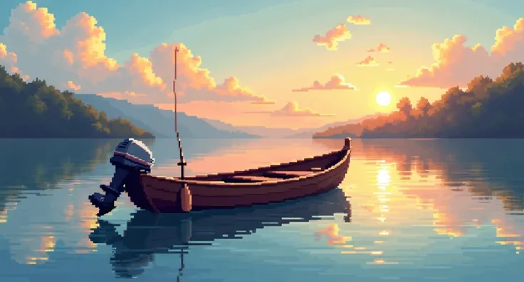 A small pixel art fishing boat depicting a wooden motorboat slowly floating on calm lake water, detailed with the boats engine and a slight sunset reflection in the water. Side view. Not too pixelated and not like Minecraft. Not too realistic, Just oil pai...