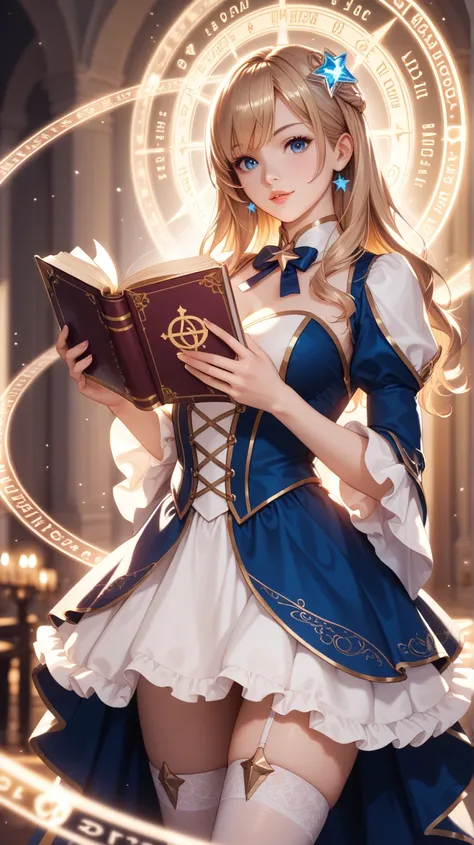 an anime illustration of anime girl in magical dress holding book and shining magical sphere to the left of  illustration, 1girl, solo, book, magic circle, blue eyes, thighhighs, holding, open book, dress, star (symbol), looking at viewer, black hair...,1g...