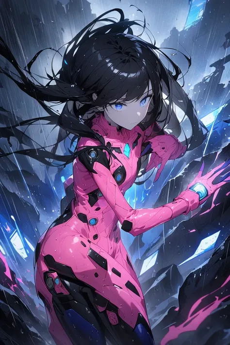 1girl, female focus, japanese, tight blue and black epic robot suit suit, outdoors, rain, skinny, lean, (masterpiece), (best quality), (ultra-detailed), very neon blue ,epic, blue eyes, aesthetic, illustration, short black hair, peach skin, perfect composi...