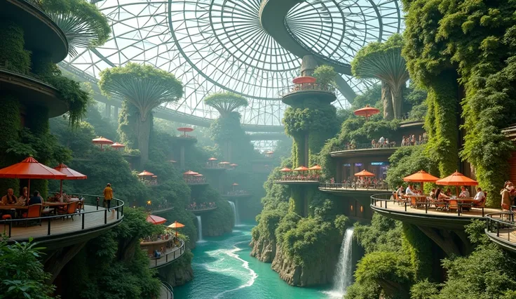 "A futuristic amusement park inside a giant bio-dome, featuring lush vertical gardens, autonomous robot guides, a roller coaster that twists through trees and waterfalls, and futuristic food courts with 3D-printed food."