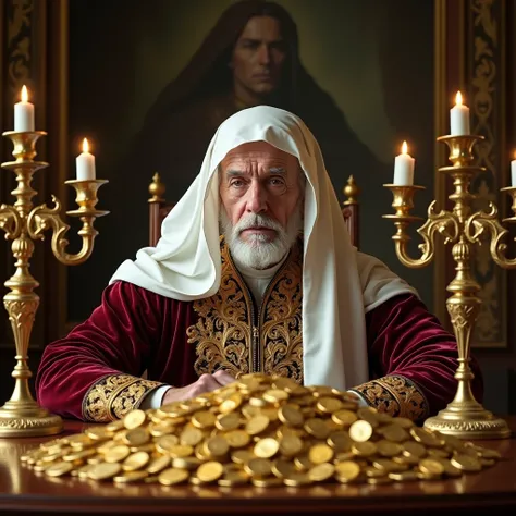 A wise elderly man in his 60s with a pale complexion and a flowing white sacred veil, sitting at a grand mahogany table adorned with piles of gold coins and intricate golden candelabras. He wears a rich velvet robe with gold embroidery, exuding a regal aur...