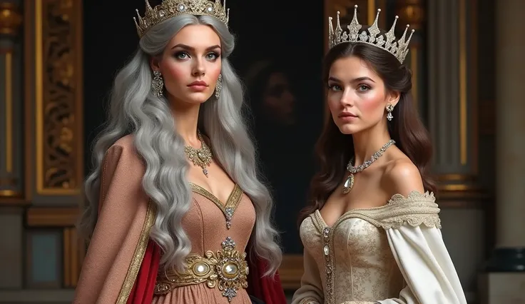 Queen Estrid Maethrillia, a graceful 40 year old woman with flowing silver hair and a jeweled crown, stands regally in ornate royal robes. Beside her, Crown Princess Sonneta Maethrillia, a 20 year old young woman with greyish brunetter hair delicate featur...