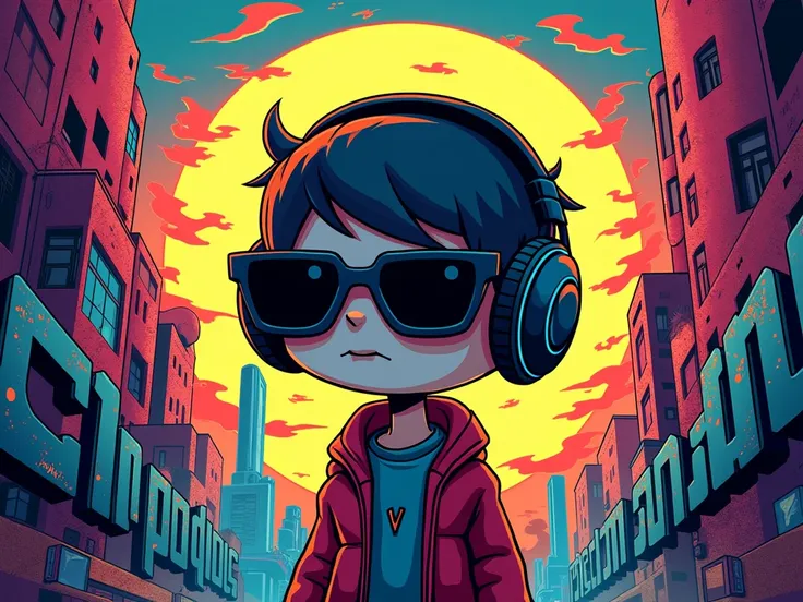 I want a more cartoonized album cover , not realistic,  in the Street-style TRAP style with a head with dark glasses listening to a TRAP on a headset, trap style, psychedelic, trip