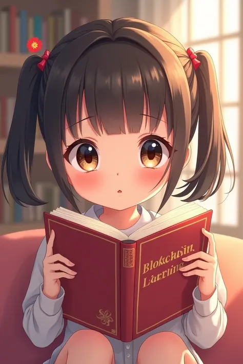 "A cute girl with deep eyes look like acki nacki reading a book.the name of the book is " Acki Nacki Blockchain learning"
Make me an anime style photo 