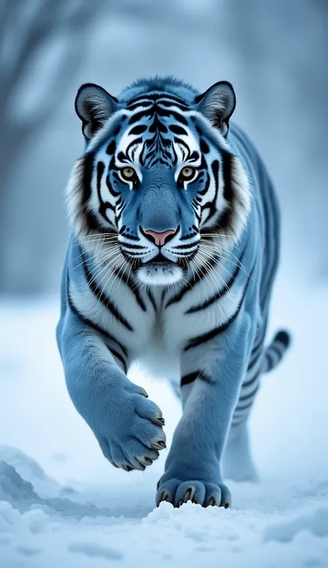  An impressive blue tiger ,  with a shiny and vibrant coat ,  running in front of the camera . The tiger is large ,  muscular and imposing ,  with its eyes focused on the camera ,  transmitting power and majesty .  The background is a cold landscape ,  wit...