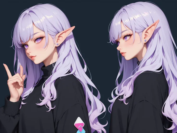 

((masterpiece)),(((best quality))),(character design sheet, same character, front, long hair), elven woman, (side view:0.5) anime girl, gesture, character design. ((light purple eyes)). 1girl, solo, teenager, ((white hair)), ((light purple eyes)), pants,...