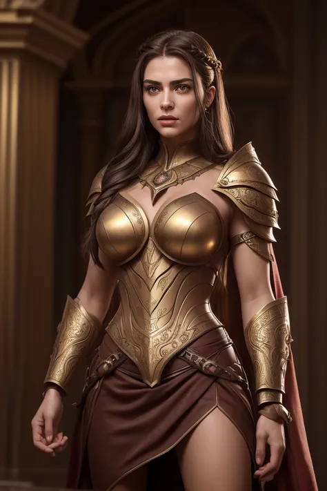 A professional portrait of a female Spartan queen with dark brown wavy hair cascading in a warrior’s braid, sun-kissed bronze skin adorned with battle scars, an oval-shaped face with high cheekbones, a strong jawline, hazel almond-shaped eyes, straight arc...