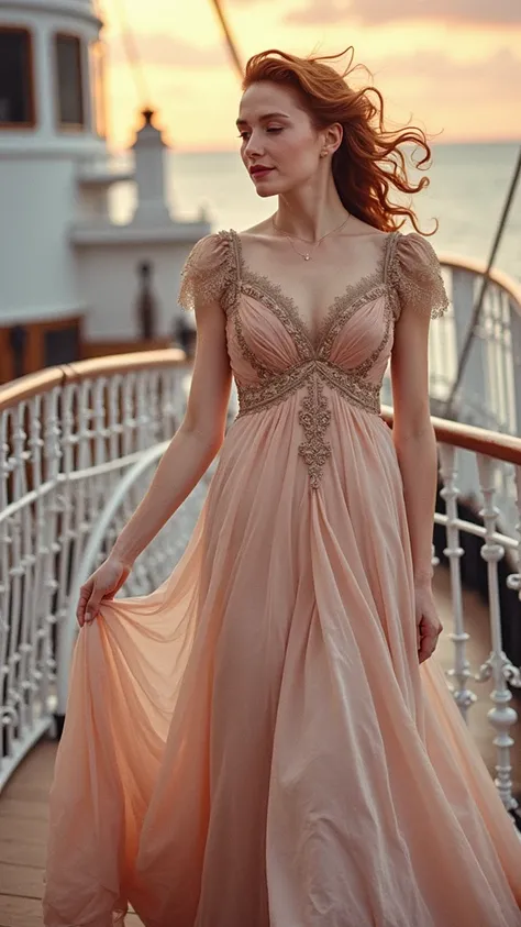 “A cinematic portrait inspired by Kate Winslet’s character in Titanic. A graceful woman with soft auburn hair styled in elegant curls is dressed in a luxurious Edwardian-era gown with intricate lace details and a delicate neckline. She stands on the deck o...