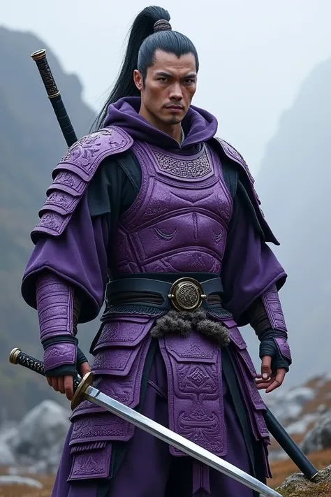 Badass warrior of Asian decent, a real samurai with a warriors physique, wearing purple armor