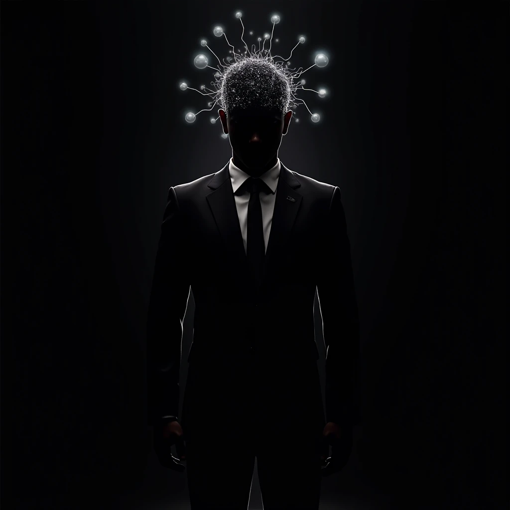 Please create an frontal image of business man head silouette facing forward on black background with a cybernet netwok behing and AI cables out of the head