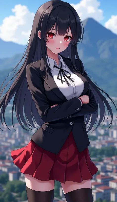 Anime girl sexy body black hair and red eyes in school uniform in black jacket white shirt red skirt black stockings long hair city background and she is in a mountain big breasts 