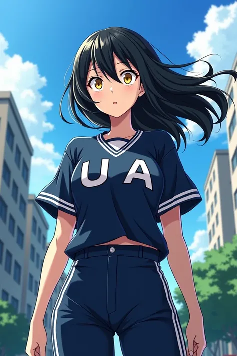 Boku no hero Academia white girl with medium bright yellow eyes long fringed black hair wears the UA uniform consists of dark blue pants with white lines that go up the legs and a dark blue shirt with short sleeves with white lines that form the letters ua