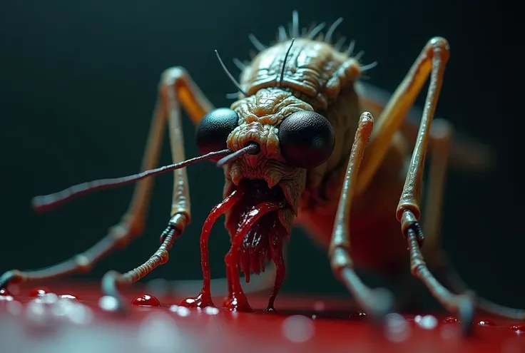 very realistic creepy mosquito, natural light, high detail skin, creepy setting, horror, dripping with blood, black dead eyes, scars, dark background, large fangs, close-up, macro photography 