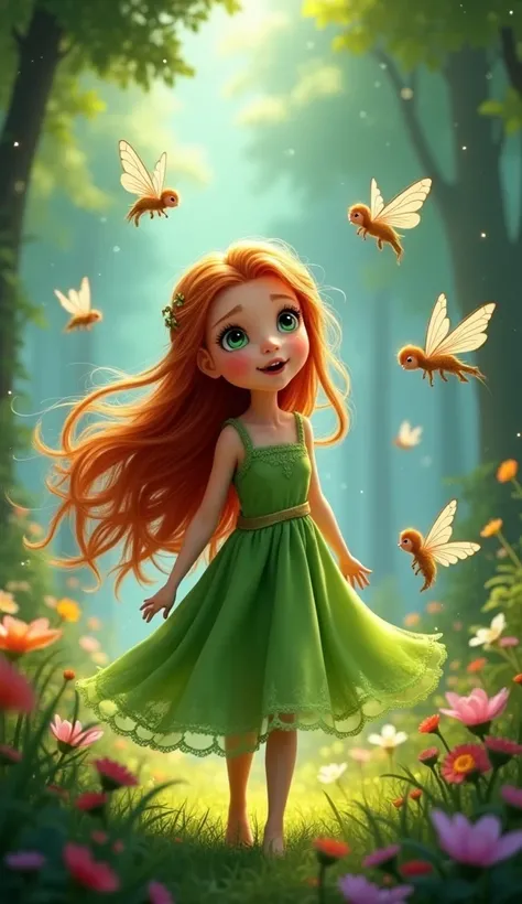  Animated image : Illustration of tiny fairies with delicate, colorful wings flying around Elara a young girl with long, flowing auburn hair and bright green eyes, wearing a flowing green dress, who looks amazed and delighted. The background shows a magica...