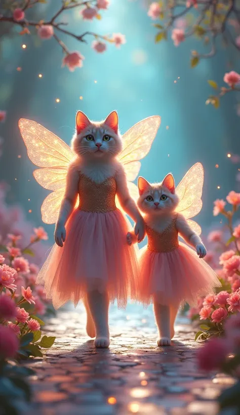 "A whimsical mother-daughter cat duo dressed as fairies in flowing pastel gowns with shimmering wings. They walk on a magical runway surrounded by glowing flowers and sparkles."

