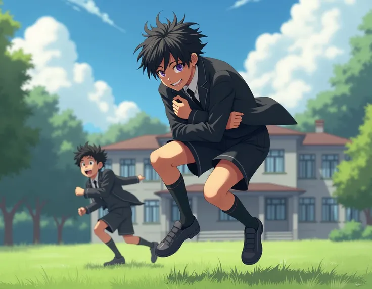 Generate an image of a 16-year-old  , violet eyes ,  black-haired boy wearing a black school uniform ,  tanned skin ,  jumping and hugging the legs of a running boy . not anime style