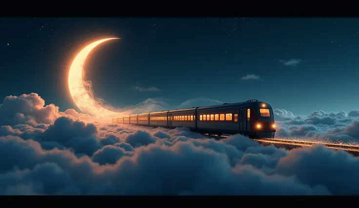 "A panoramic view of the train gently chugging across the night sky, leaving a sparkling trail behind as it moves toward a glowing crescent moon resting on a cloud."  