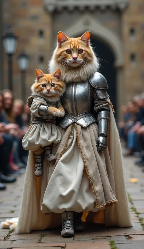 "A fantasy-themed mother cat dressed as a knight in shining silver armor over a flowing gown, holding her daughter cat dressed as a young squire in a matching outfit. The runway is a medieval castle backdrop."

