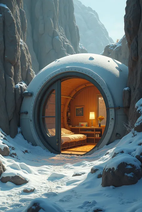 science-fiction; Concept art d’un petit refuge secret protecteur et accueillant caché dans un paysage extrêmement hostile; l’architecture du petit refuge secret est très futuriste; il possède un sas de protection contre le vide spatial et le zéro absolu; l...