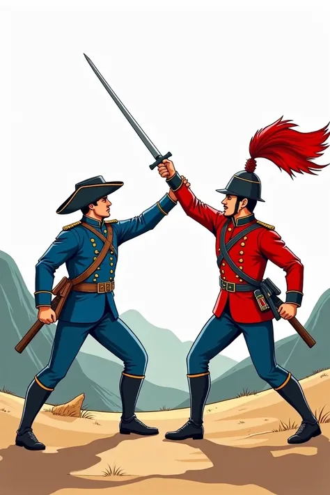 

Draw a simple scene of two soldiers facing each other during the Battle of Ayacucho with bold, clear, and visible lines for easy drawing. On the left, a patriot soldier in a blue uniform and a hat holds a sword raised, ready to strike. On the right, a ro...