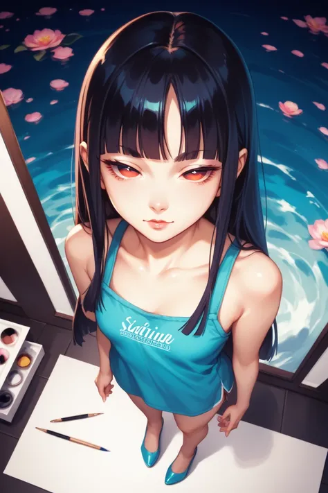 NSFW,simple,minimalism,water painting,full body,pastel color,hime cut,beautiful mysterious japanese girl with straight black long hair,blunt and short bangs, bangs are above the eyebrow,the ends of the hair are even,downward-slanted eyebrow,forehead are st...