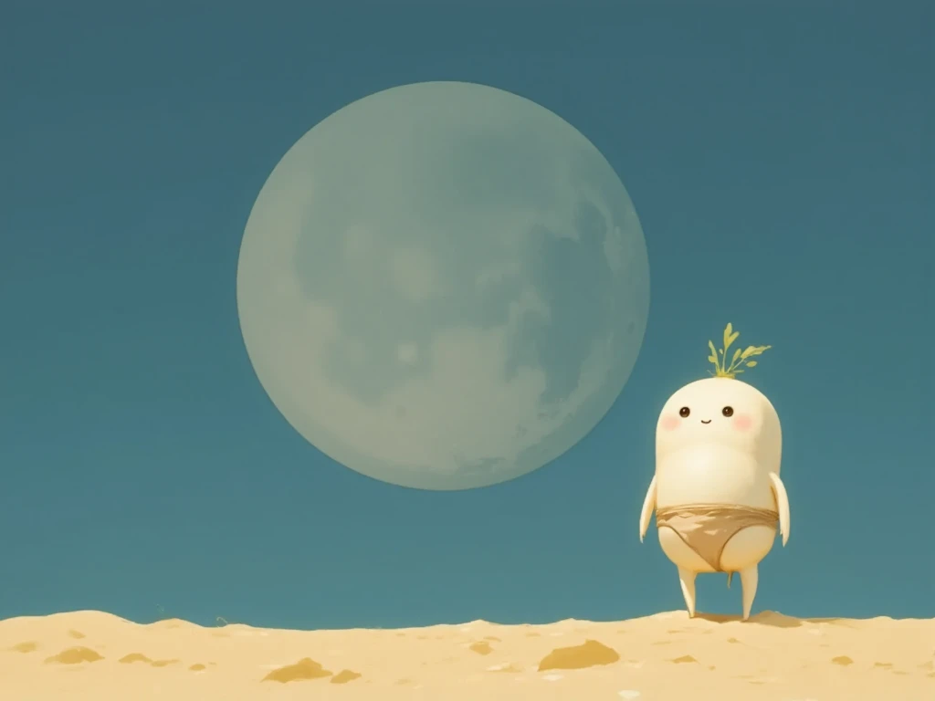 masterpiece, The moon is looking at 1 . 3 daikon,daikon character, Streetscape:1.0,from above, very detailed, peaceful scene,night sky, Use only 2 colors, soft gradation, blue and yellow,flat illustration, best quality,HD,Minimalist,