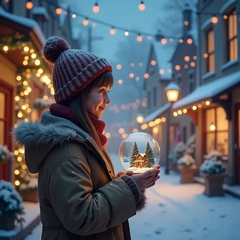  holding a snow glass ball on a merry Christmas night, on street