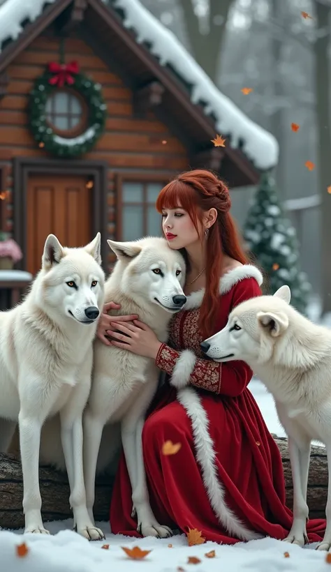  A beautiful woman with dark red hair ,  with bangs and two locks in front of her face  ,  dressed for Christmas red and white  ,  caressing white wolves two adults and two puppies,  costume sitting on a log ,  with a decorated Christmas cabin  , with a sw...