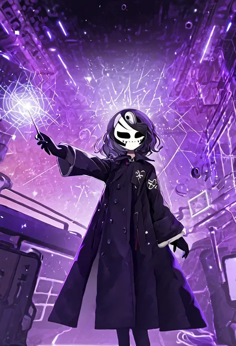 (    Masterpiece   , Good quality,   top quality: 1.5) bdsks,   mask  ,   Long Black Jacket  ,   White Whistle, whole body,   Black Gloves  ,  Touch Open Arms ,  Laboratory Scenery  , Purple Light 