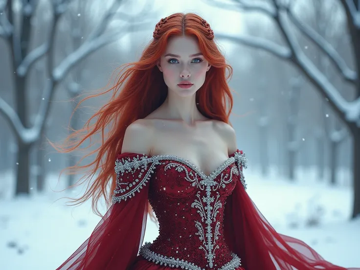 Snow queen, red head,, winter, beautiful dress