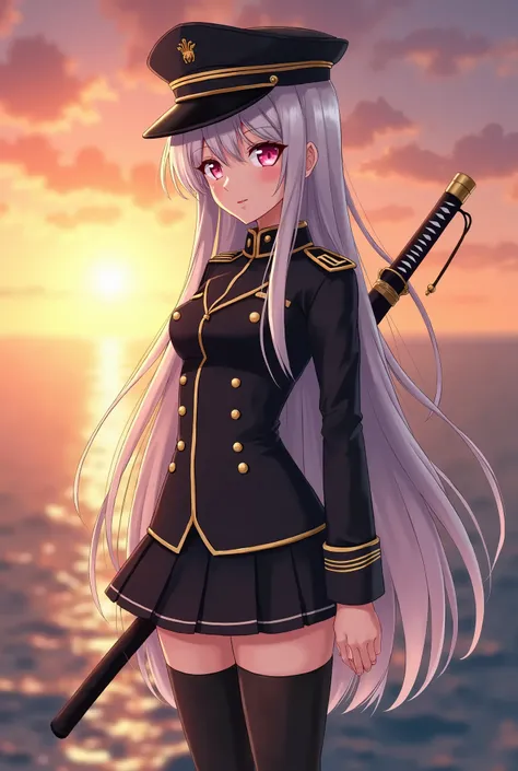 Anime style. The girl is slim.  Long silver hair.  The bangs are straight that covers the eyebrows . Pink big eyes .  Officer dressed in military uniform .  The uniform is black with gilded stitching . short skirt.  Long black boots with heels . Officer ca...