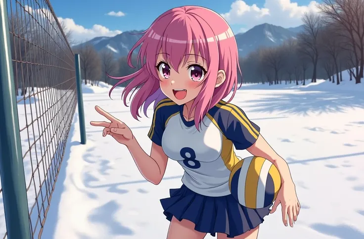 A pink-haired anime-style girl with a cheerful expression, standing outdoors on a snowy volleyball court during winter. She wears a volleyball uniform: a short-sleeve white and navy jersey with yellow accents and the number 8 printed on it, paired with a n...