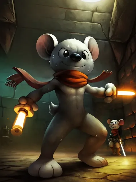   humanoid mouse ,Round ears,black eyes,   black round nose , Short tail ,Three toes  , four fingers , Grey Bodies ,thin, white chest ,White belly,White Hand,  white feet,scarf,(indoor,  Dungeon ,Torches,Lightsaber,fighting,sweat), Smile,2D,((   best quali...