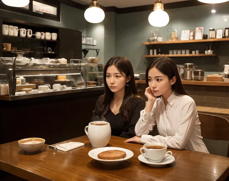 Julia and JN sitting in a modest café, a steaming cup of coffee in front of JN as he recounts the events.