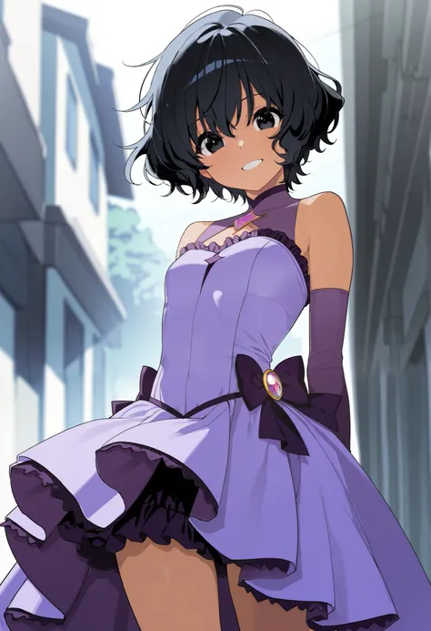 masterpiece, best quality, score_9, score_8_up, score_7_up, score_6_up, score_5_up, score_4_up, source_anime, 1girl, wavy hair, messy short cut, black hair, black eyes, tanned brown skin, wearing magical girl purple dress, smiling, magical scenario 