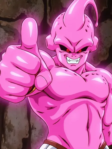 score_9, score_8_up, (masterpiece:1.3), (best quality:1.3), (highly detailed:1.3), (vibrant colors:1.2), powerful humanoid character with pink, muscular skin, inspired by  Buu from Dragon Ball Z, making a thumbs-down gesture, confident and sinister grin, s...