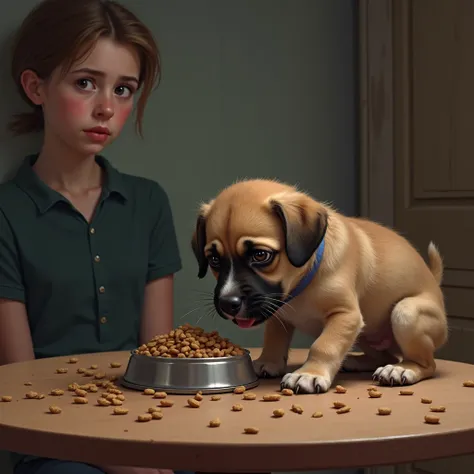  Poor Puppy, eating cat food,On the table, with some person 