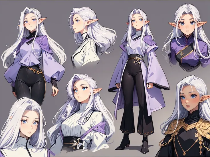 

((masterpiece)),(((best quality))),(character design sheet, same character, front, long hair), elven woman, (side view:0.5) anime girl, gesture, character design. ((light purple eyes)). 1girl, solo, teenager, ((white hair)), ((light purple eyes)), pants,...