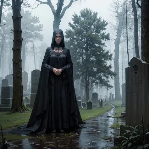 (highres,photorealistic:1.2),(best quality, masterpiece:1.1),rainy cemetery, dark spiritual theme, eerie atmosphere, detailed gravestones, tall, ancient trees, misty fog, hauntingly beautiful, gothic architecture, dramatic lighting, somber mood, mysterious...